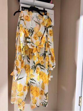 Sheer Yellow Floral Wrap Pants Set